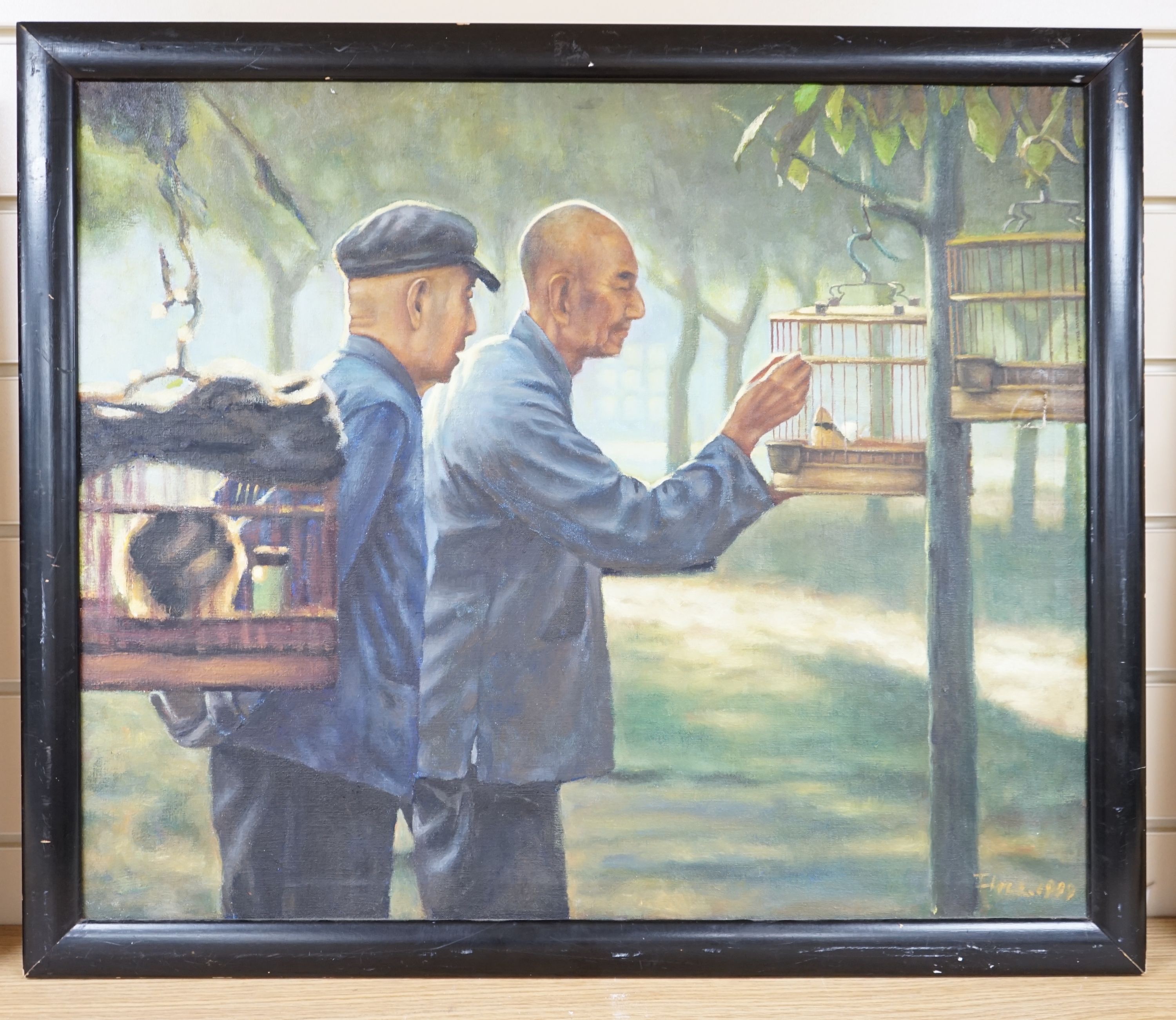 Modern British, oil on canvas, Chinese men and caged birds, indistinctly signed and dated 1999, 49 x 59cm